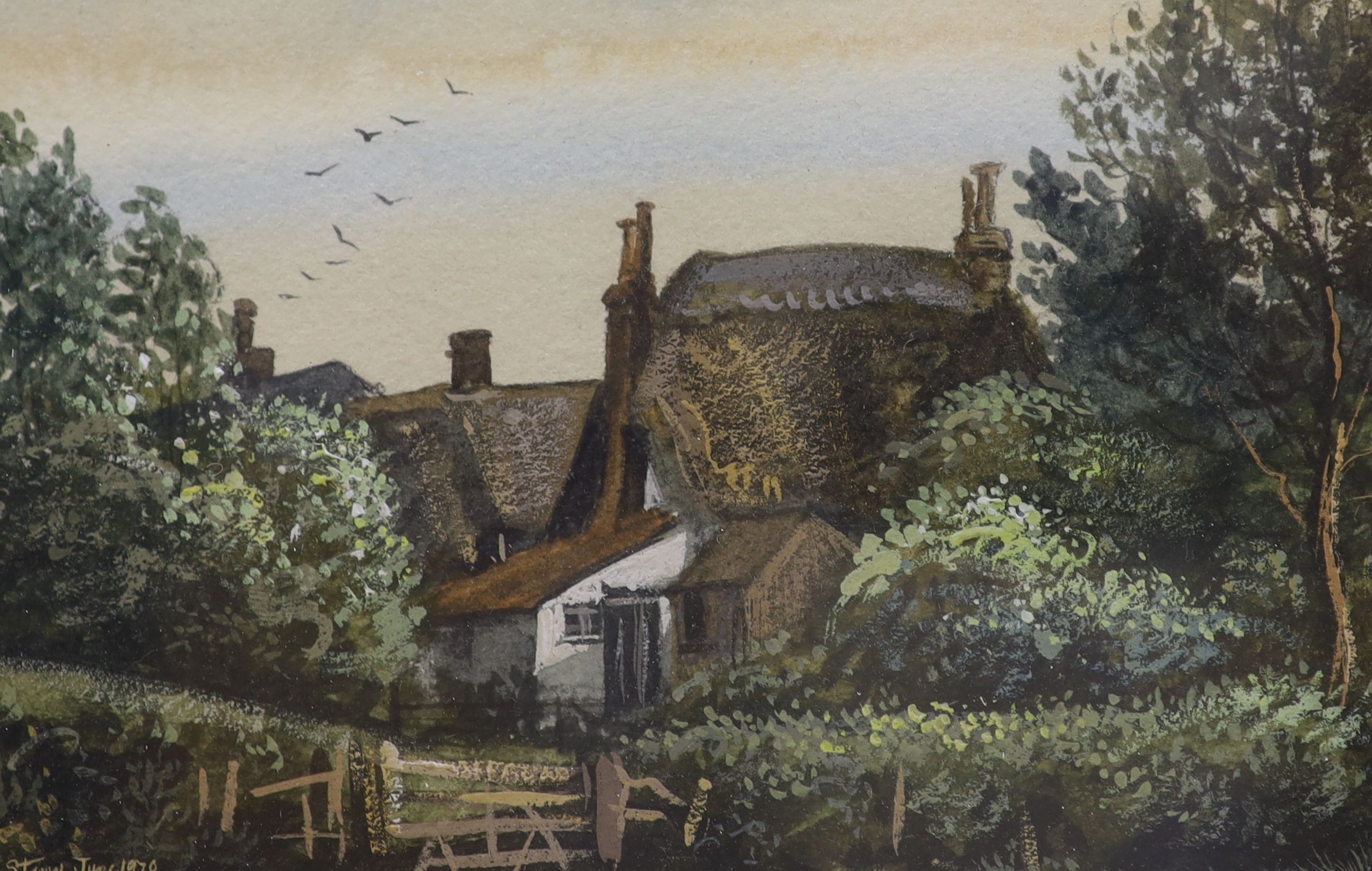 Edward Stamp (1939-), watercolour, Cottages at Hoggeston, Buckinghamshire, signed and dated 1978, 11 x 16cm and a watercolour of poppies and mice by Christine Woodley, 23cm